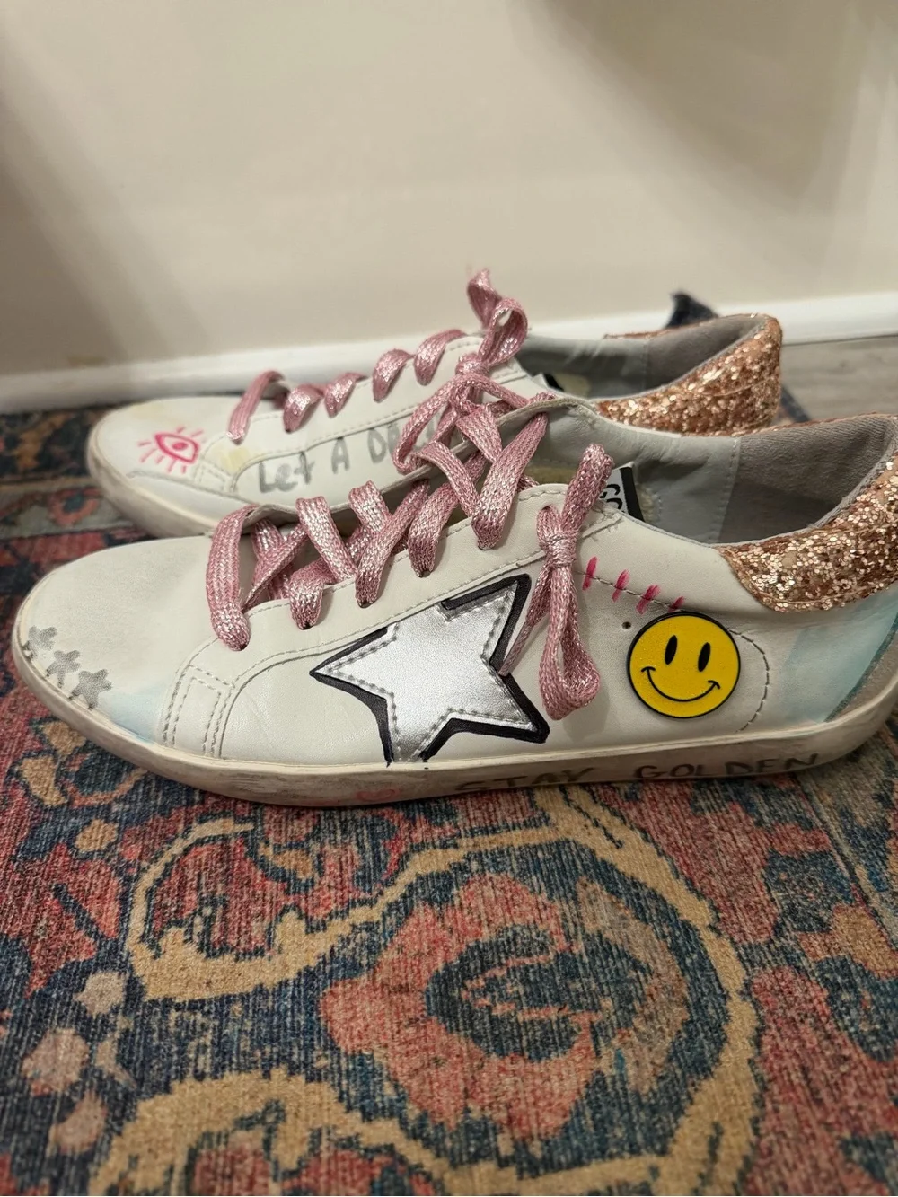 Golden Goose Women’s White Sneakers with Pink Accents